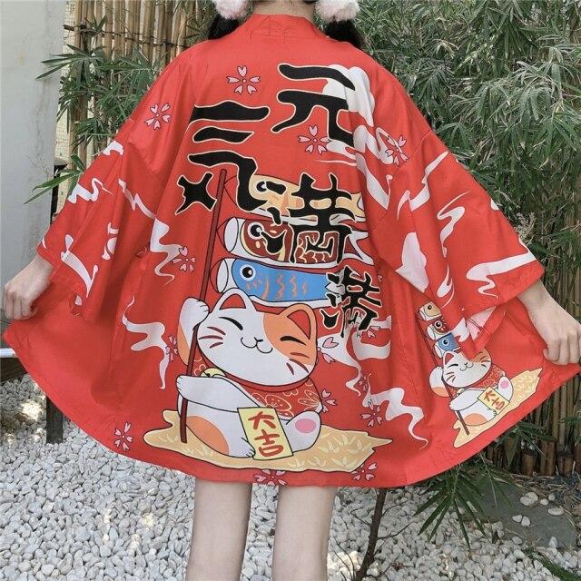 Japanese Lucky Cat Lightweight Kimono Top-Enchanted peach