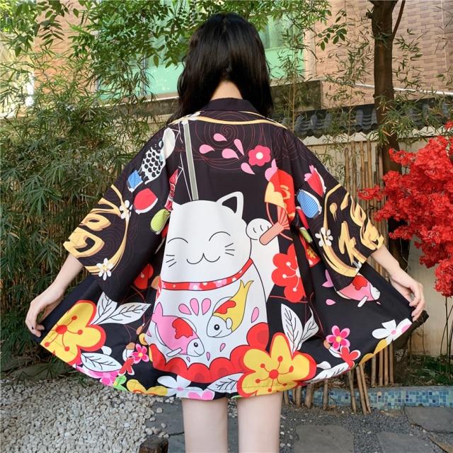 Japanese Lucky Cat Lightweight Kimono Top-Enchanted peach