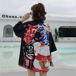 Japanese Lucky Cat Lightweight Kimono Top-Enchanted peach