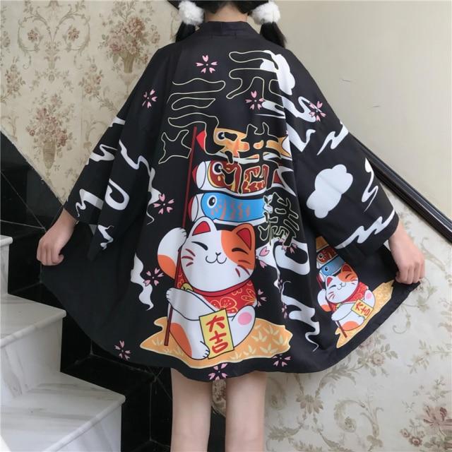 Japanese Lucky Cat Lightweight Kimono Top-Enchanted peach