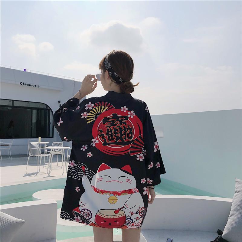 Japanese Lucky Cat Lightweight Kimono Top-Enchanted peach