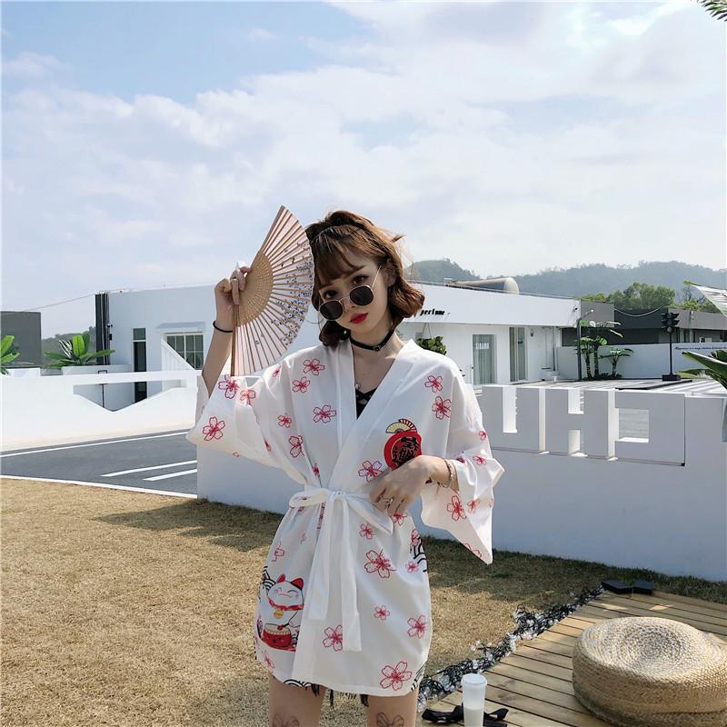 Japanese Lucky Cat Lightweight Kimono Top-Enchanted peach