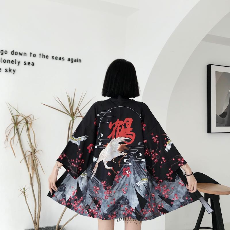 Japanese Red Crowned Crane Sakura Kimono Cardigan-Enchanted peach