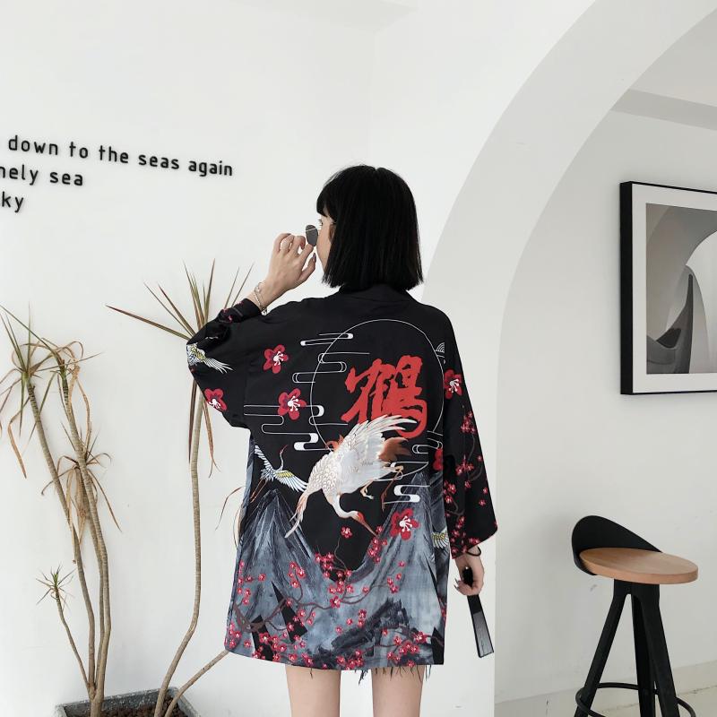 Japanese Red Crowned Crane Sakura Kimono Cardigan-Enchanted peach