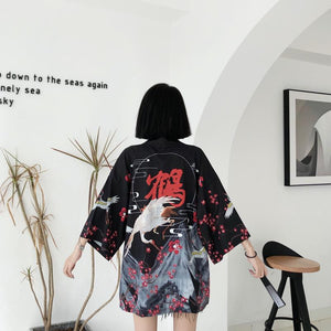 Japanese Red Crowned Crane Sakura Kimono Cardigan-Enchanted peach