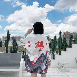 Japanese Red Crowned Crane Sakura Kimono Cardigan-Enchanted peach