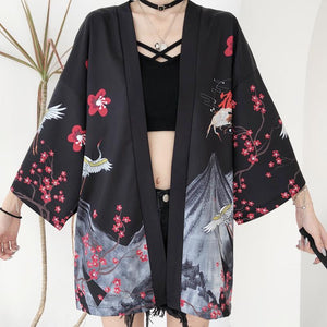 Japanese Red Crowned Crane Sakura Kimono Cardigan-Enchanted peach