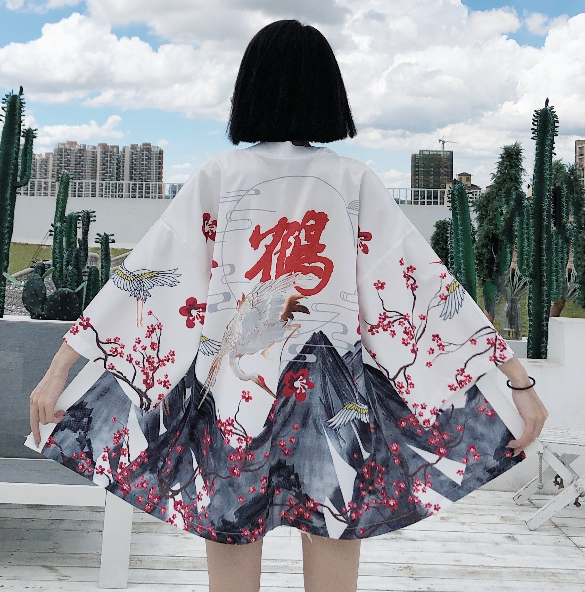 Japanese Red Crowned Crane Sakura Kimono Cardigan-Enchanted peach