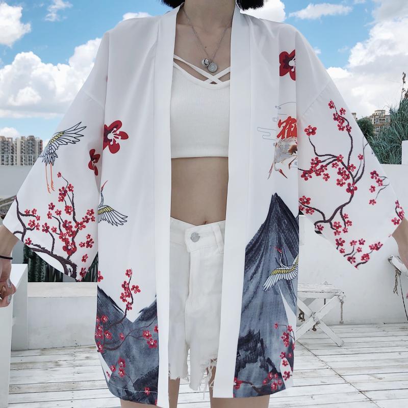 Japanese Red Crowned Crane Sakura Kimono Cardigan-Enchanted peach