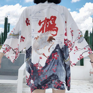 Japanese Red Crowned Crane Sakura Kimono Cardigan-Enchanted peach