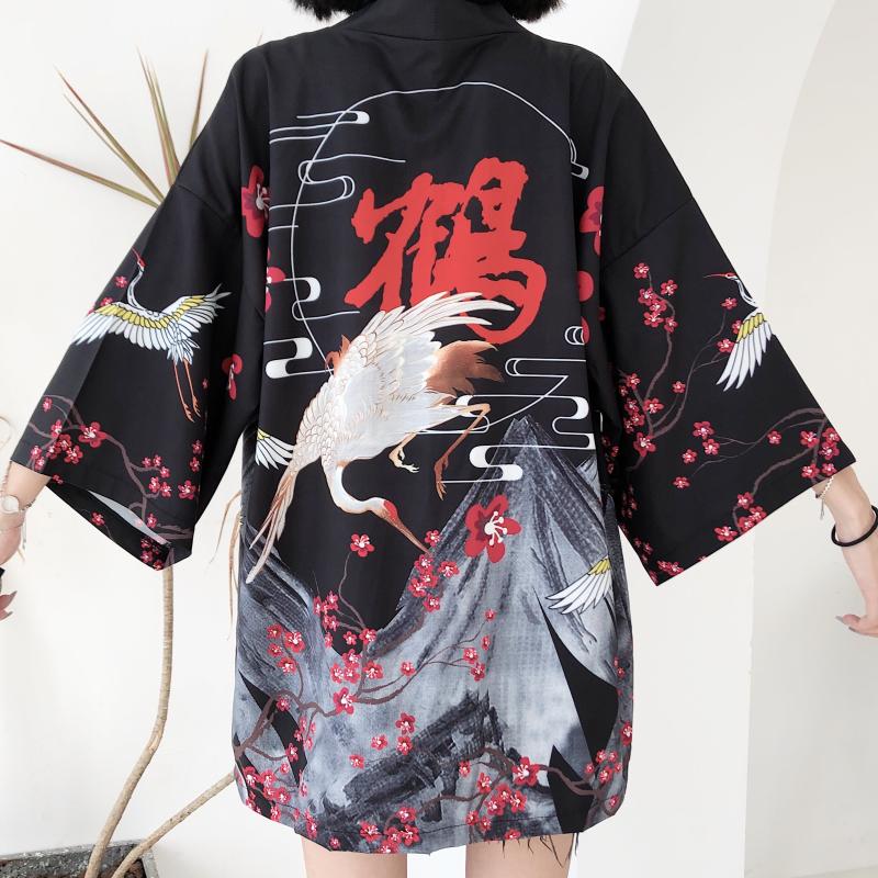 Japanese Red Crowned Crane Sakura Kimono Cardigan-Enchanted peach