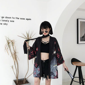 Japanese Red Crowned Crane Sakura Kimono Cardigan-Enchanted peach