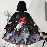 Japanese Red Crowned Crane Sakura Kimono Cardigan-Enchanted peach