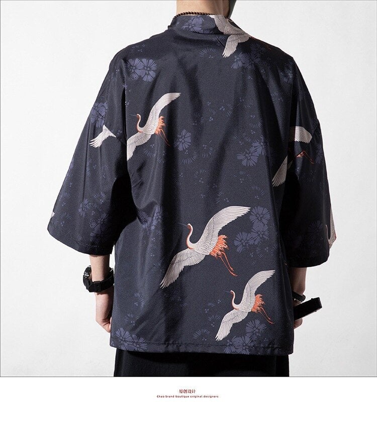 Japanese Royal Cranes Kimono-Enchanted peach