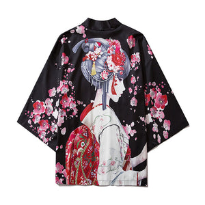 Japanese Sakura Black Red Anime Girl Long Kimono Cardigan Robes-Enchanted peach