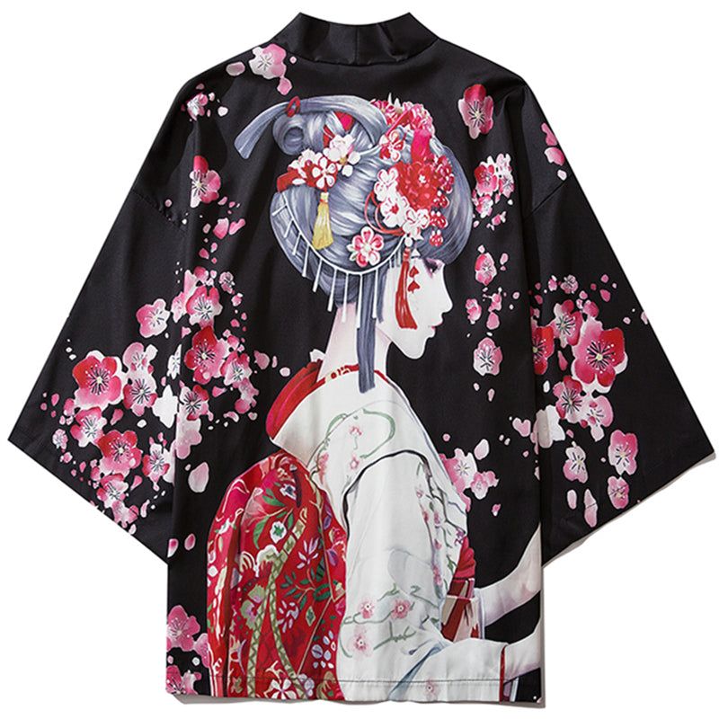 Japanese Sakura Black Red Anime Girl Long Kimono Cardigan Robes-Enchanted peach