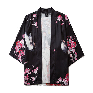 Japanese Sakura Black Red Anime Girl Long Kimono Cardigan Robes-Enchanted peach