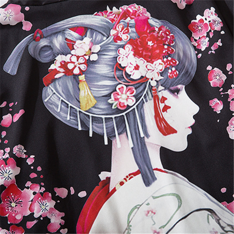 Japanese Sakura Black Red Anime Girl Long Kimono Cardigan Robes-Enchanted peach