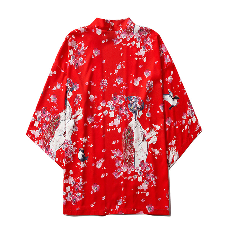 Japanese Sakura Cherry Blossom Print Kimono-Enchanted peach