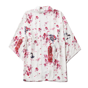 Japanese Sakura Cherry Blossom Print Kimono-Enchanted peach