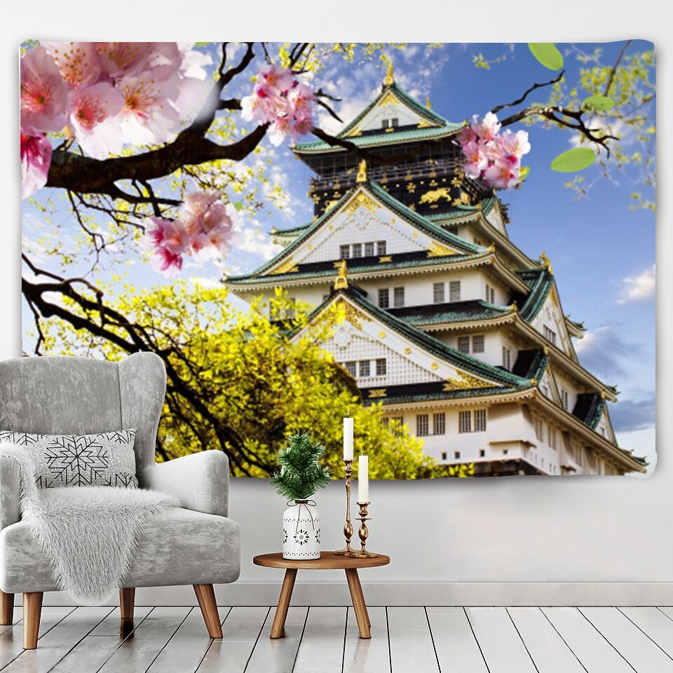 Japanese Sakura Pagoda Osaka Castle Tapestry-Enchanted peach