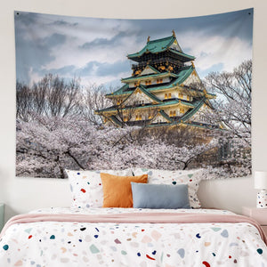 Japanese Sakura Pagoda Osaka Castle Tapestry-Enchanted peach