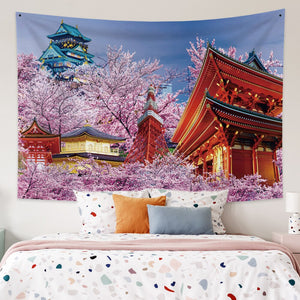 Japanese Sakura Pagoda Osaka Castle Tapestry-Enchanted peach