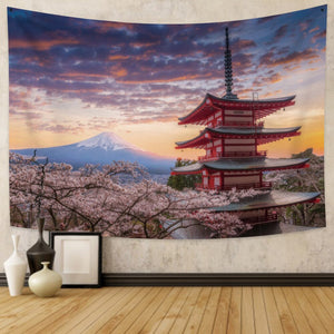 Japanese Sakura Pagoda Osaka Castle Tapestry-Enchanted peach