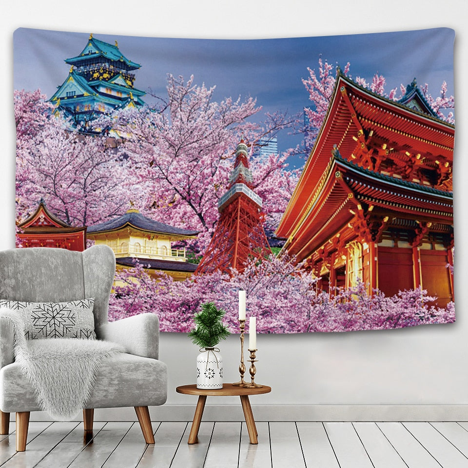 Japanese Sakura Pagoda Osaka Castle Tapestry-Enchanted peach