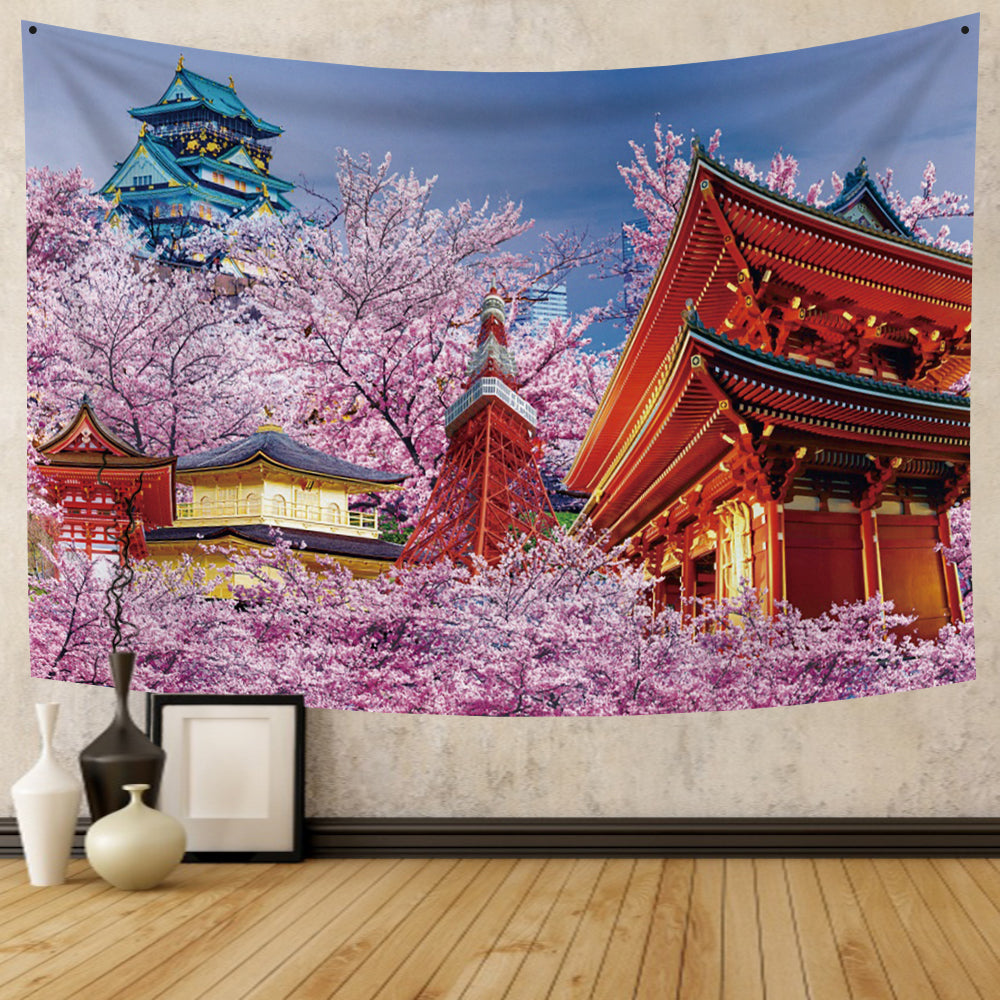 Japanese Sakura Pagoda Osaka Castle Tapestry-Enchanted peach