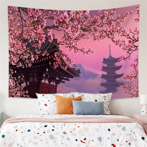 Japanese Sakura Pagoda Osaka Castle Tapestry-Enchanted peach