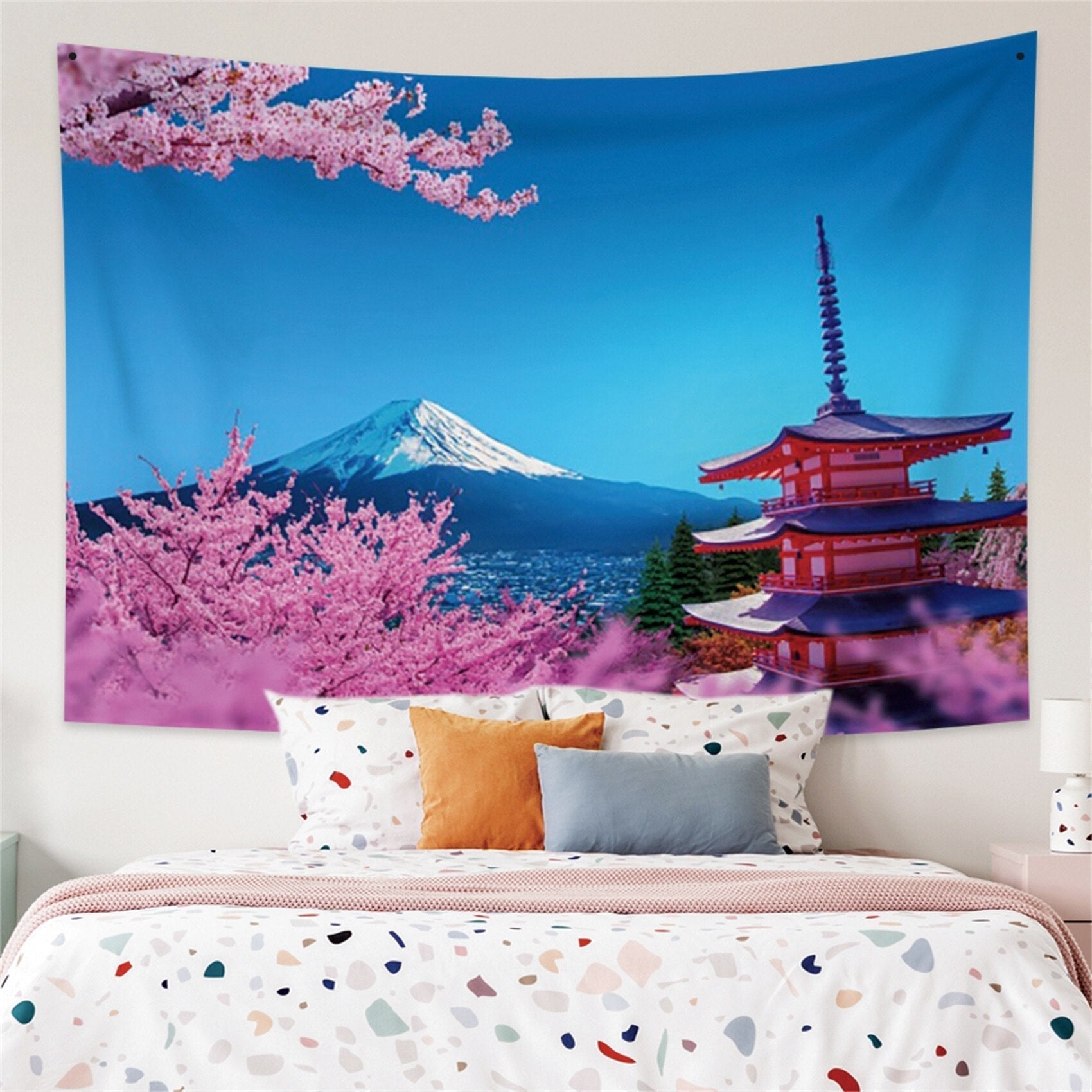 Japanese Sakura Pagoda Osaka Castle Tapestry-Enchanted peach