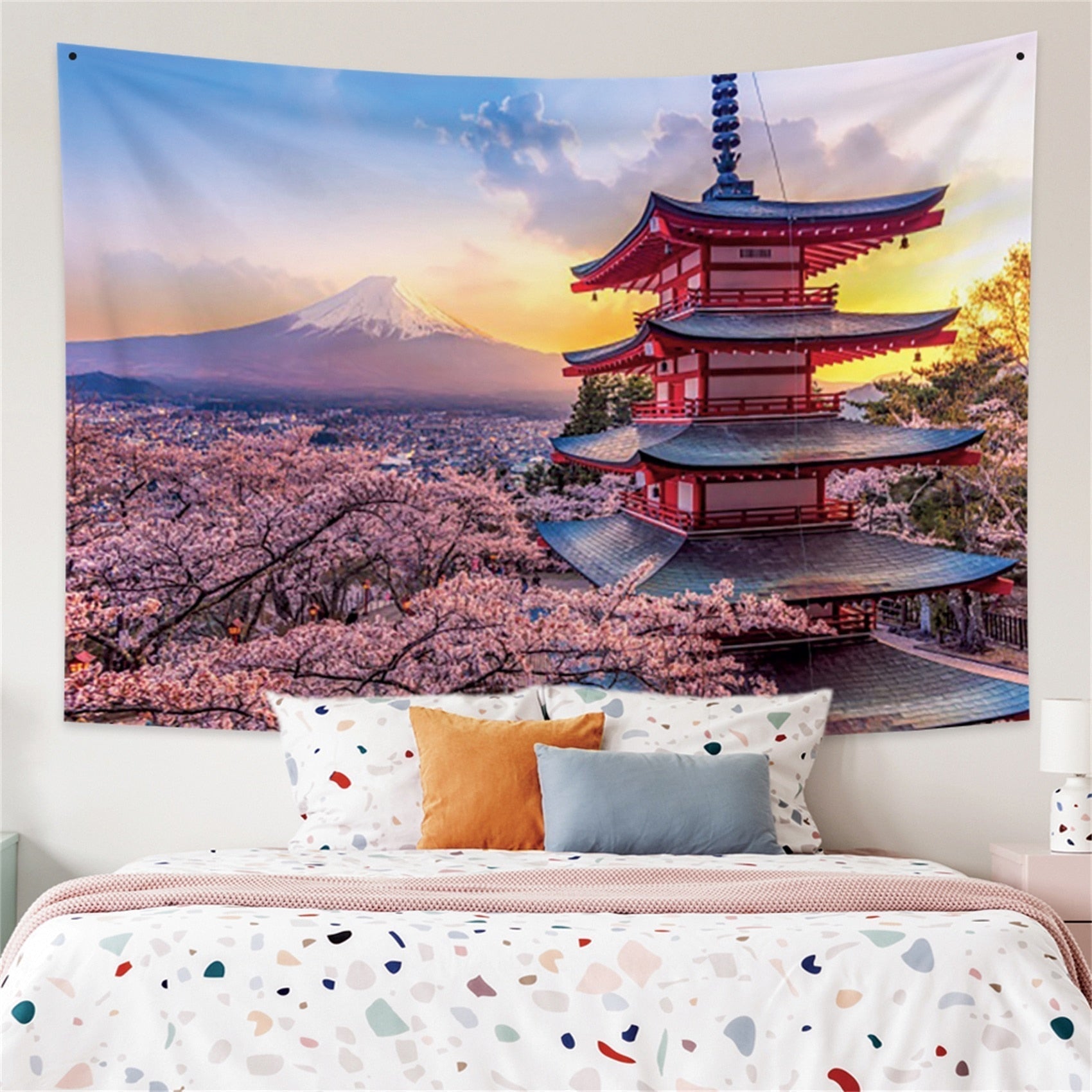 Japanese Sakura Pagoda Osaka Castle Tapestry-Enchanted peach