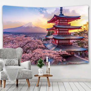 Japanese Sakura Pagoda Osaka Castle Tapestry-Enchanted peach