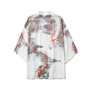 Japanese White Black Dragon Beast Yukata Cardigan Kimono-Enchanted peach