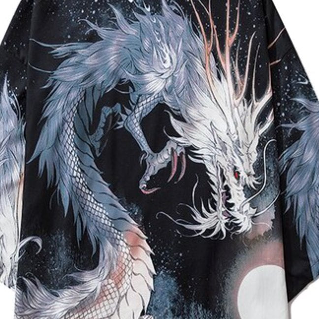 Japanese White Black Dragon Beast Yukata Cardigan Kimono-Enchanted peach