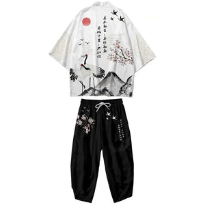 Japanese White Black Sakura Crane Mountains Mens Two-Piece Kimono Yukata Top & Pants Sets-Enchanted peach