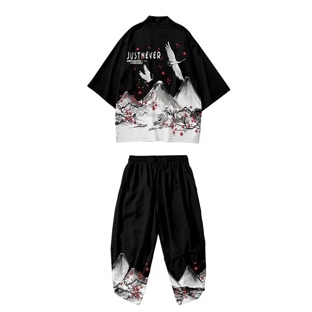 Japanese White Black Sakura Crane Mountains Mens Two-Piece Kimono Yukata Top & Pants Sets-Enchanted peach