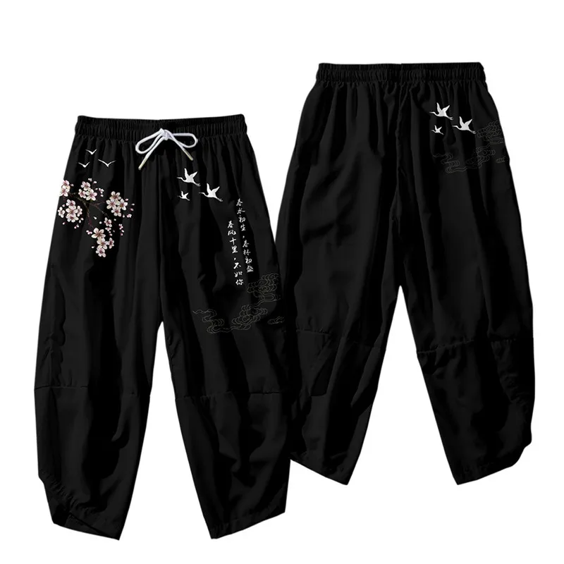 Japanese White Black Sakura Crane Mountains Mens Two-Piece Kimono Yukata Top & Pants Sets-Enchanted peach