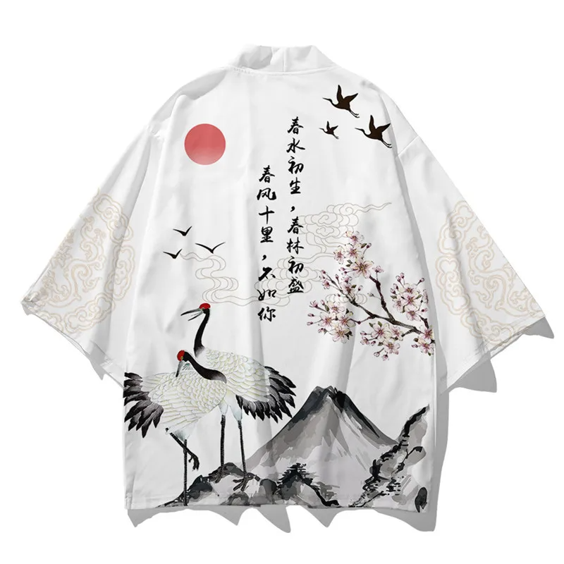 Japanese White Black Sakura Crane Mountains Mens Two-Piece Kimono Yukata Top & Pants Sets-Enchanted peach