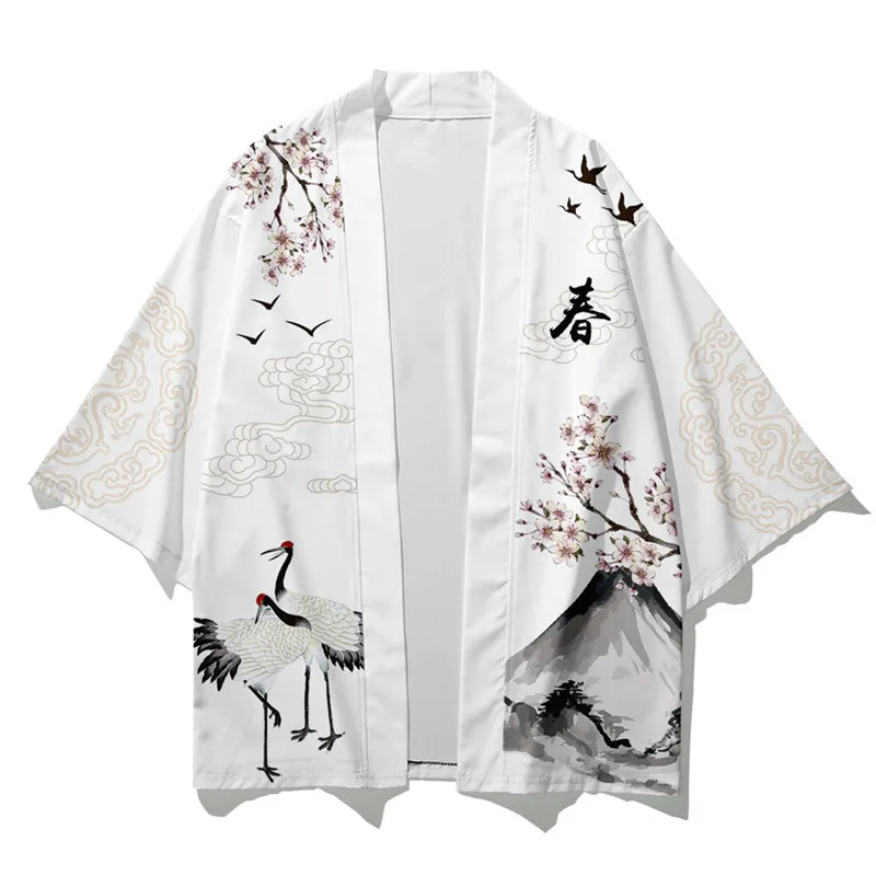 Japanese White Black Sakura Crane Mountains Mens Two-Piece Kimono Yukata Top & Pants Sets-Enchanted peach