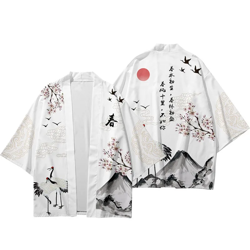 Japanese White Black Sakura Crane Mountains Mens Two-Piece Kimono Yukata Top & Pants Sets-Enchanted peach