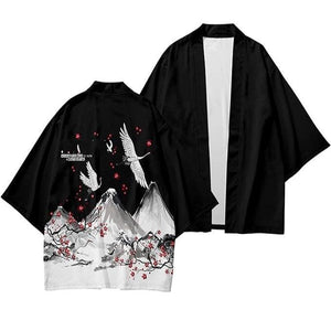 Japanese White Black Sakura Crane Mountains Mens Two-Piece Kimono Yukata Top & Pants Sets-Enchanted peach