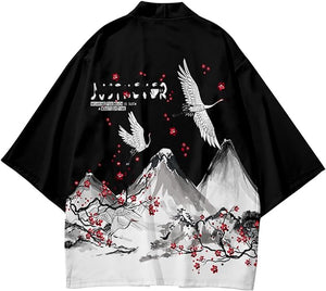 Japanese White Black Sakura Crane Mountains Mens Two-Piece Kimono Yukata Top & Pants Sets-Enchanted peach