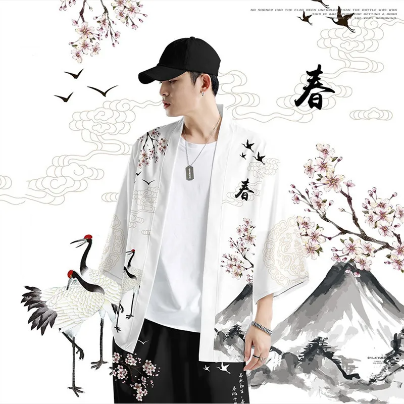 Japanese White Black Sakura Crane Mountains Mens Two-Piece Kimono Yukata Top & Pants Sets-Enchanted peach