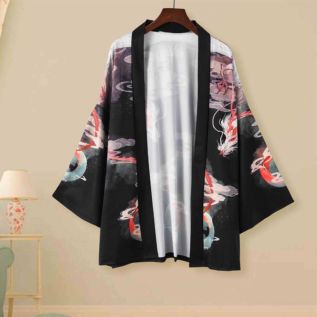 Japanese White Dragon and Golden Koi Kimono-Enchanted peach