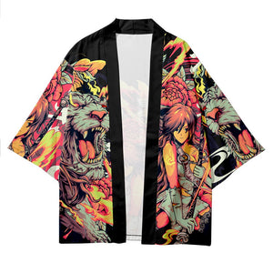 Japanese Wolf Girl and Dragons Unisex Kimono-Enchanted peach