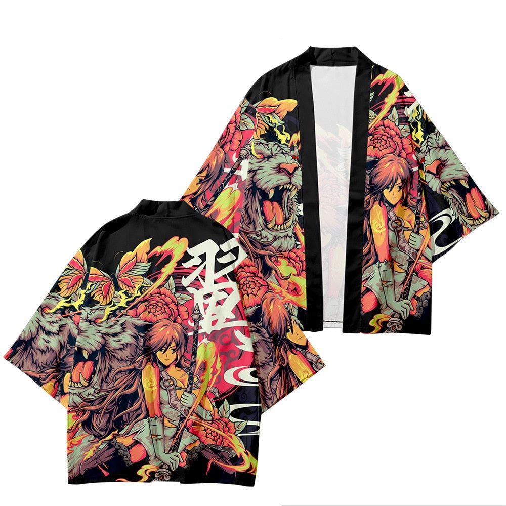 Japanese Wolf Girl and Dragons Unisex Kimono-Enchanted peach