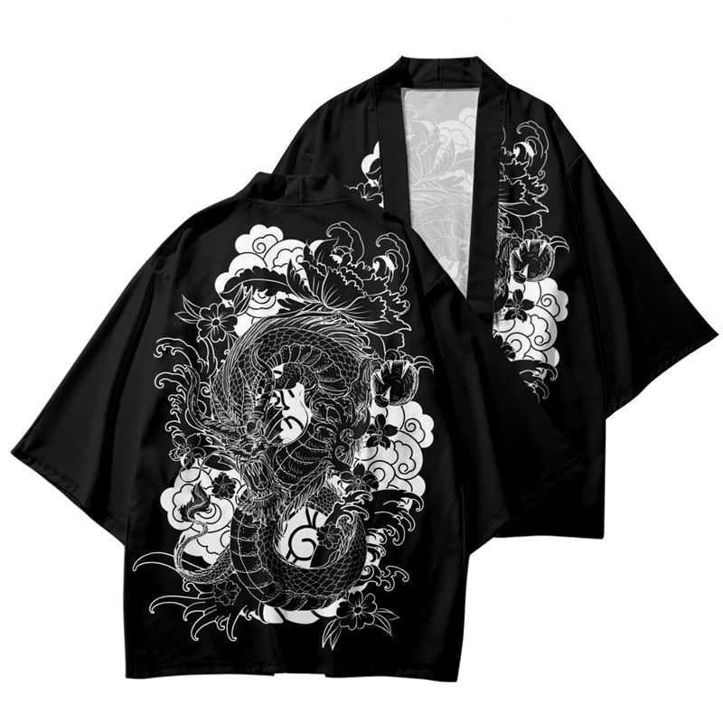 Japanese Wolf Girl and Dragons Unisex Kimono-Enchanted peach