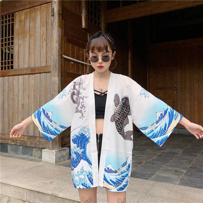 Japanese Women Kimono Day and Night Koi-Enchanted peach